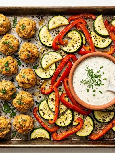 Sheet Pan Turkey Ranch Bites with Roasted Veggie Dippers