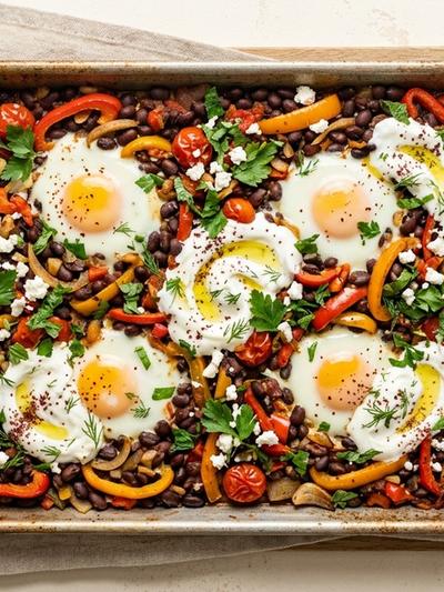 Sheet Pan Turkish Black Bean Sauté with Baked Eggs and Yogurt