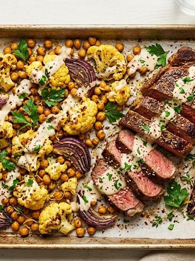 Sheet Pan Za'atar Sirloin with Roasted Cauliflower and Lemon Tahini