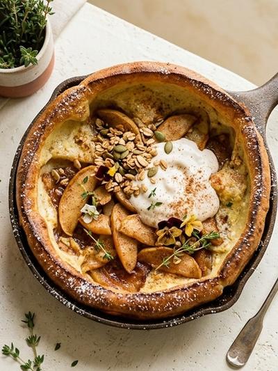 Skillet American Cinnamon Apple Protein Dutch Baby with Maple Yogurt