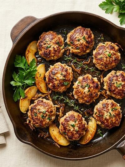 Skillet Bavarian Pork and Apple Mini Patties with Mustard Yogurt