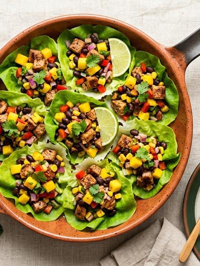 Skillet Caribbean Jerk Pork and Mango Lettuce Cups
