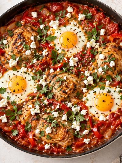 Skillet Mediterranean Chicken Shakshuka with Feta and Herbs