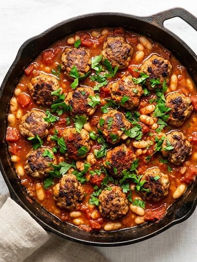 Skillet Moroccan Turkey Kefta in Warm Tomato-Cumin Sauce