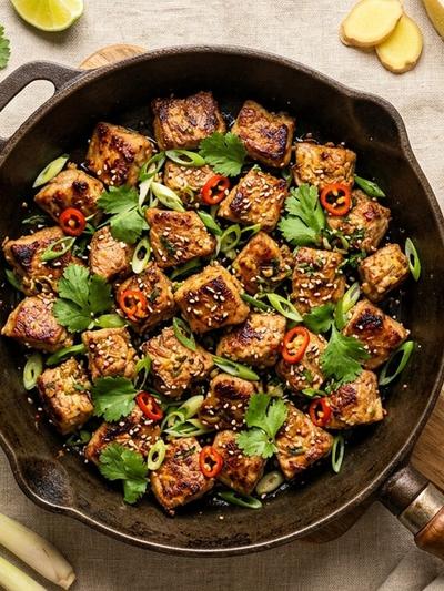 Skillet Thai Lemongrass Pork Bites with Lime-Ginger Yogurt