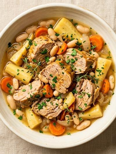 Slow Cooker British Cider-Braised Pork with Parsnips and White Beans