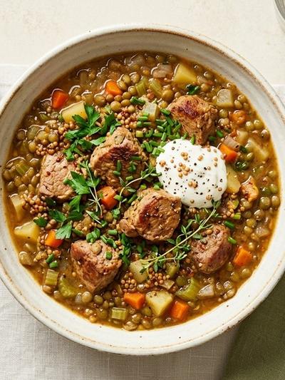 Slow Cooker German Pork and Lentil Stew with Mustard and Thyme