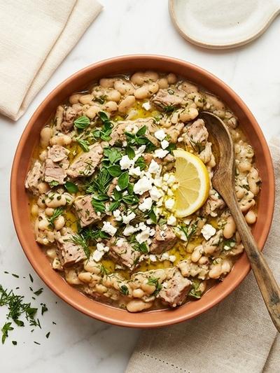 Slow Cooker Greek Pork and White Bean Protein Dip with Lemon-Oregano