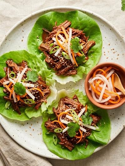 Slow Cooker Korean Gochujang Beef Lettuce Cups with Pickled Daikon