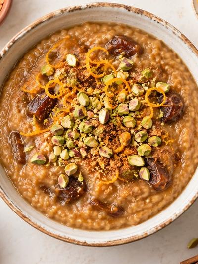 Slow Cooker Mediterranean Red Lentil and Date Pudding with Pistachios