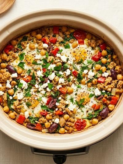 Slow Cooker Mediterranean Turkey and Chickpea Breakfast Casserole