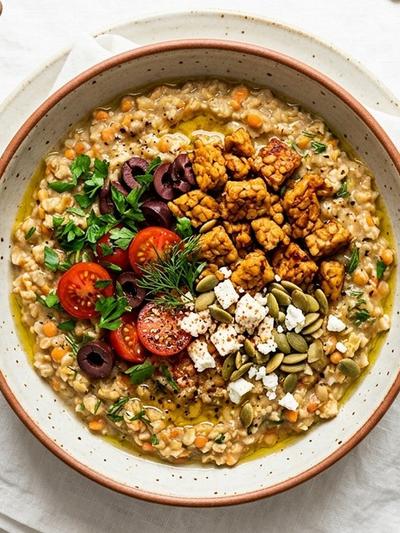 Slow Cooker Overnight Savory Mediterranean Porridge with Tempeh