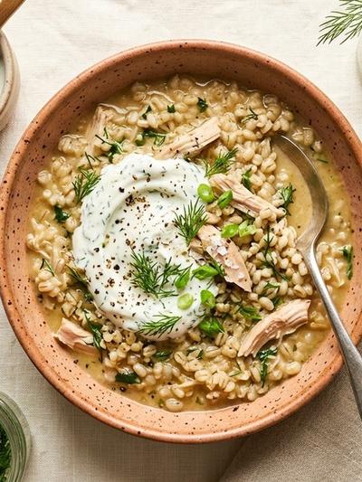 Slow Cooker Scandinavian Chicken Barley Breakfast Porridge with Dill Yogurt