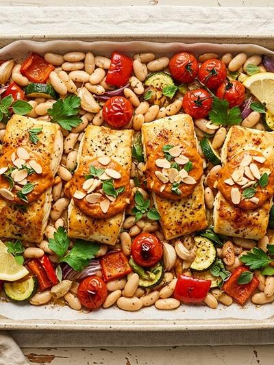 Spanish Sheet Pan Halibut with Romesco and White Beans