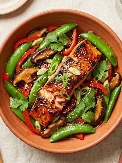 Teriyaki Salmon Stir-Fry with Snap Peas and Shiitake