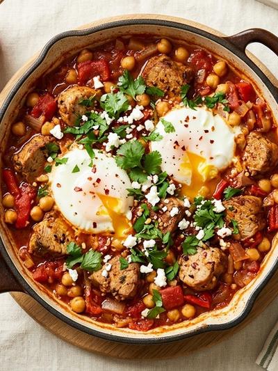 Tunisian Pork and Chickpea Breakfast Skillet with Poached Eggs