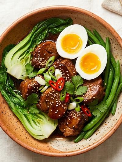 Vietnamese Caramel Pork with Bok Choy and Soft Eggs