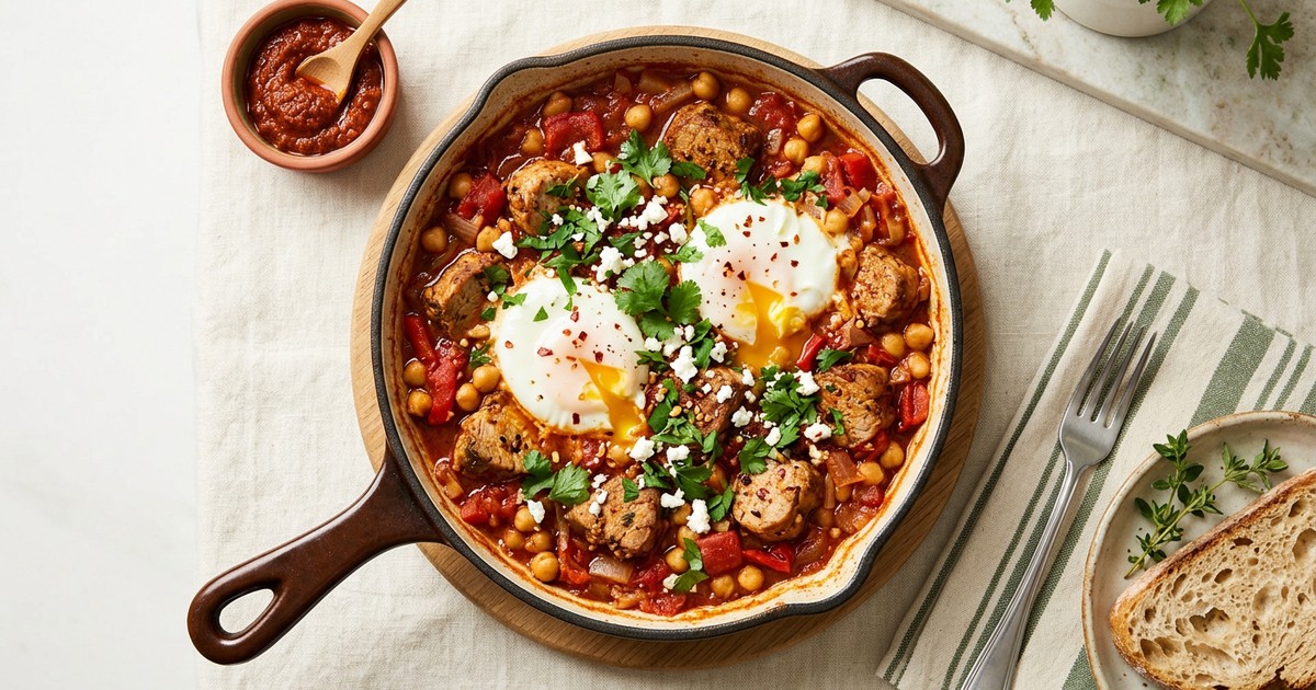 Tunisian Pork and Chickpea Breakfast Skillet with Poached Eggs