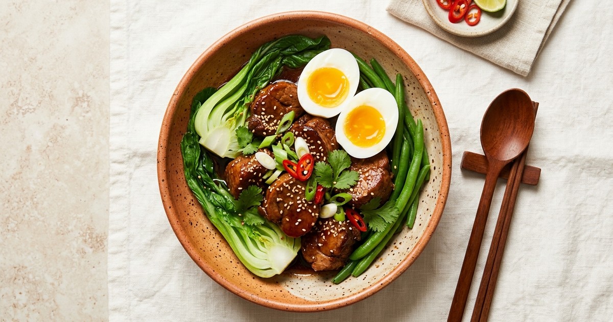 Vietnamese Caramel Pork with Bok Choy and Soft Eggs
